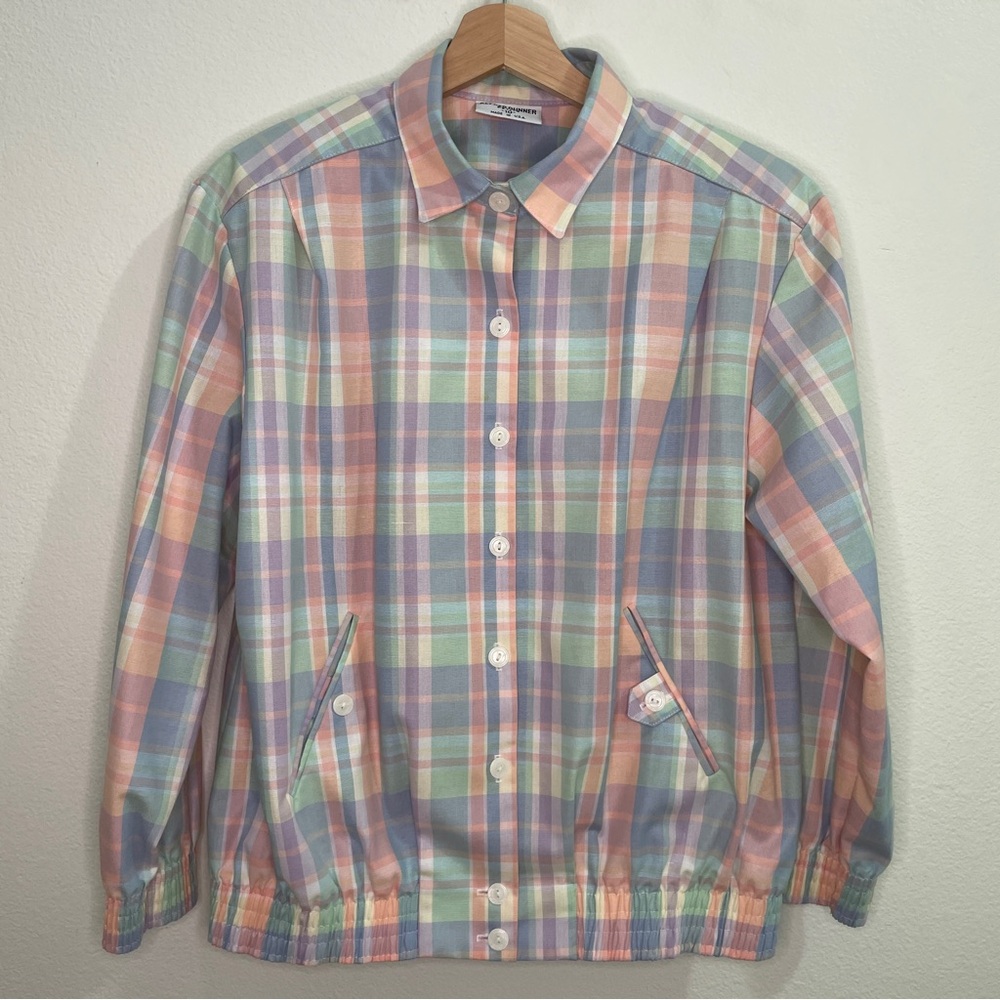Vintage Alfred Dunner Petite Plaid Bomber Jacket - Multicolor Rainbow Pastel